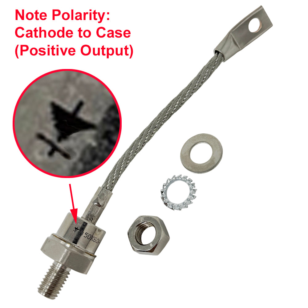 696024 - Stud Mount Diode, 150A, M12 (1/2") Stud, 600 PRV Positive Base w/Pigtail (Cathode Stud)