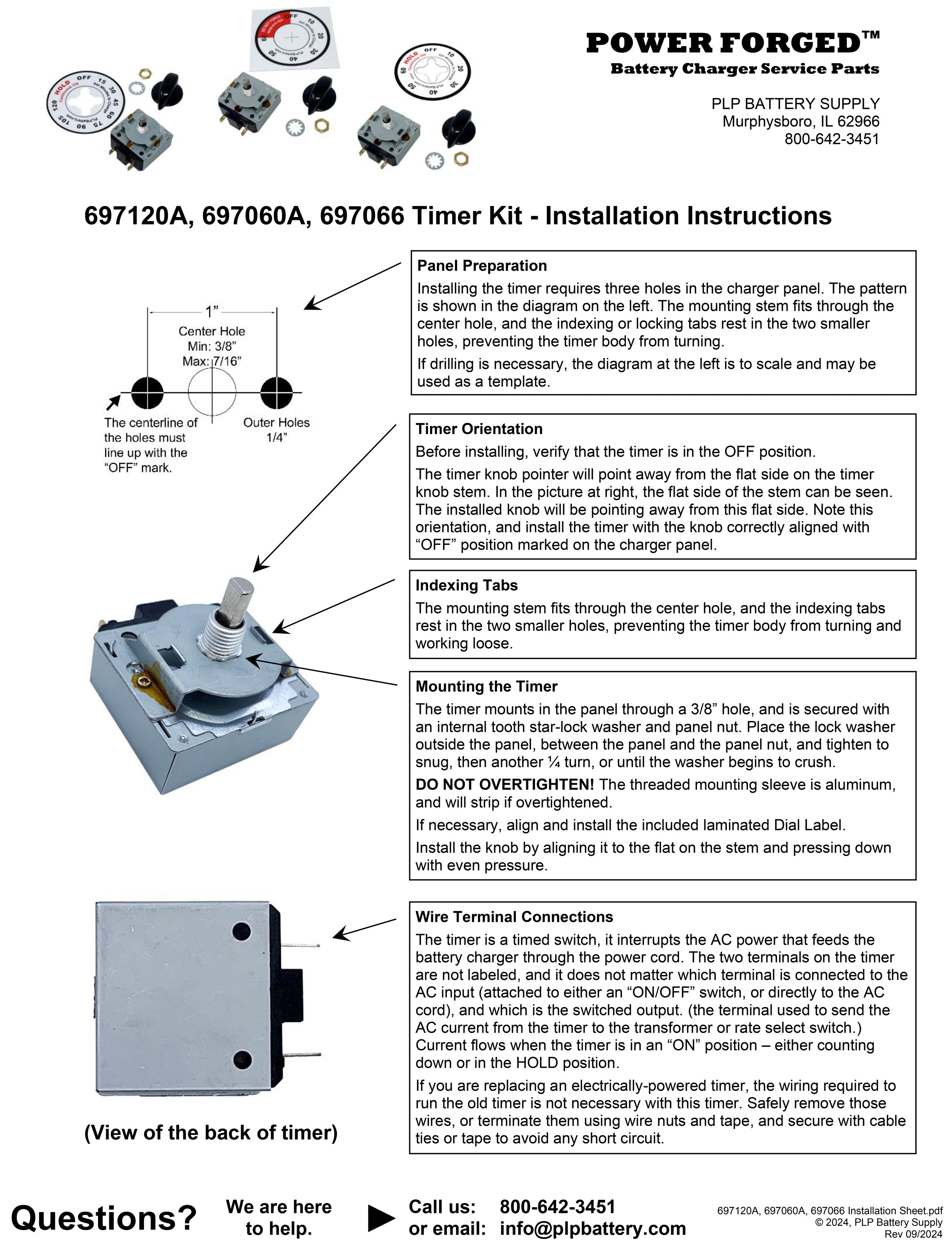 697066 - Timer Kit - Mechanical 60 Minute w/"Hold" Position, 1/4" (6 MM) D-Shaft, 3/8" Threaded Sleeve Panel Mount